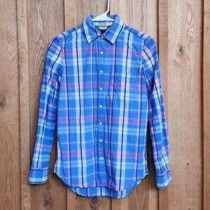 Prince & Fox Long Sleeve Button Down Casual Shirt, XS, Blue Pink & White Plaid